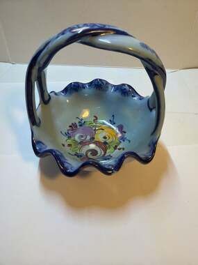 Vintage Vestal Alcobaca Portugal Hand Painted Floral Ceramic Basket Bowl #323